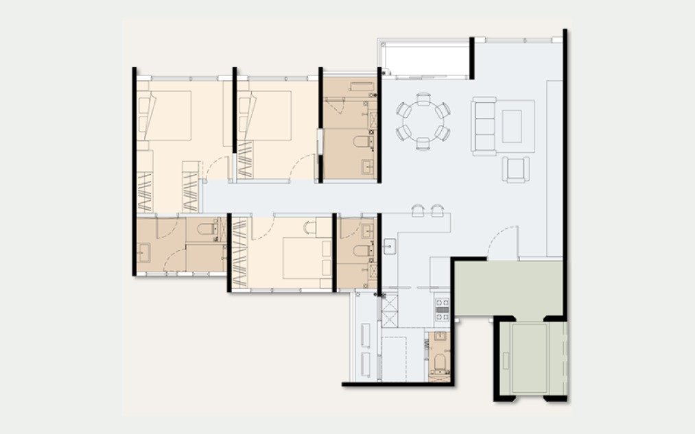Type B floor plan at PJ33 Residences &mdash; 1,574 sq ft, 3 bedrooms, with private lift lobby