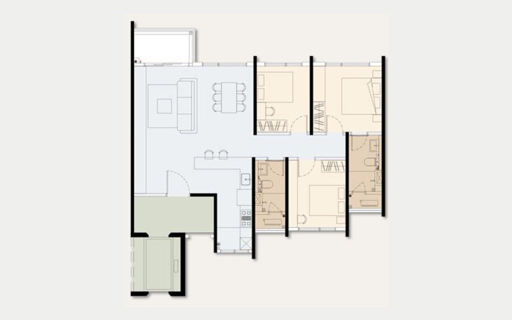 Type C floor plan at PJ33 Residences &mdash; 1,165 sq ft, 3 bedrooms, with private lift lobby