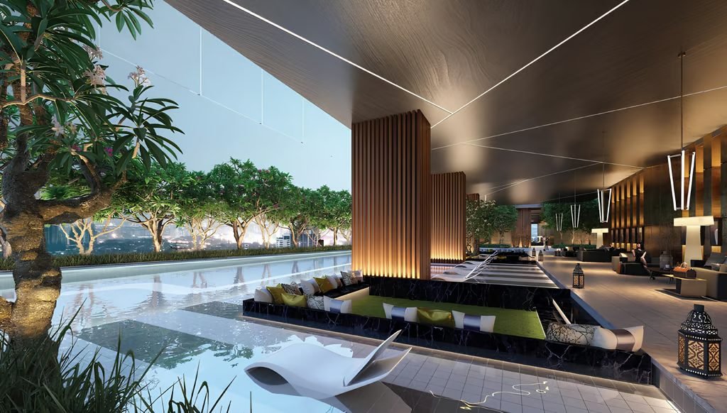 Artist's impression of the swimming pool and cabana deck at PJ33 Residences
